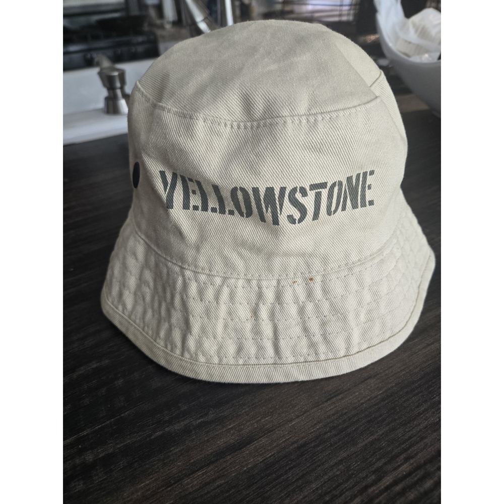 Vintage Yellowstone Bucket Hat Cap Hiking Khaki Outdoor Summer Tan
